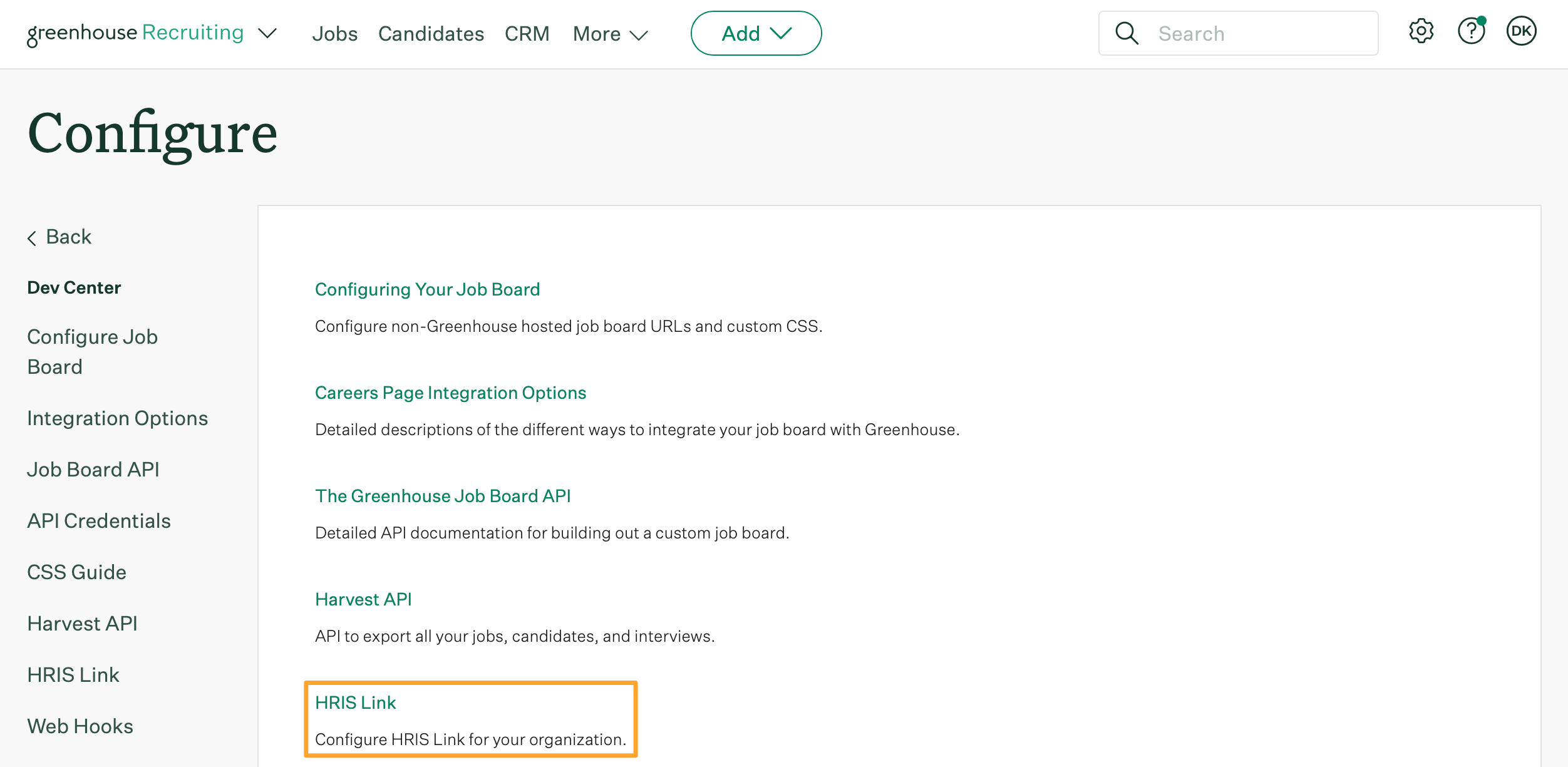 The Dev Center page shows HRIS Link Configure HRIS Link for your organization button highlighted in a marigold emphasis box