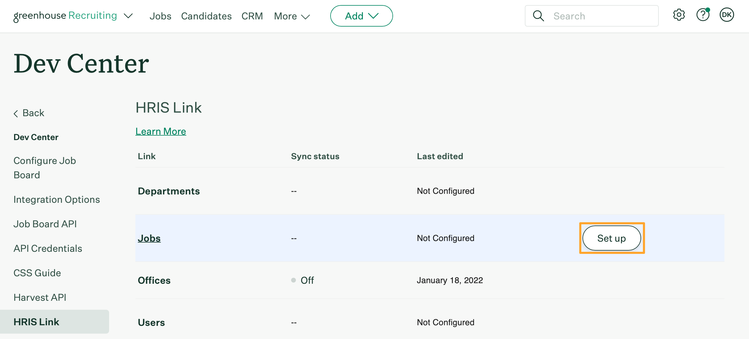 HRIS Link management page shows Jobs import Set up button highlighted in a marigold emphasis box