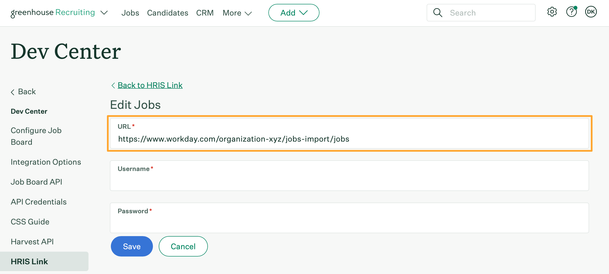 HRIS Link job import management page shows URL field highlighted in a marigold emphasis box with an example HRIS RaaS URL entered