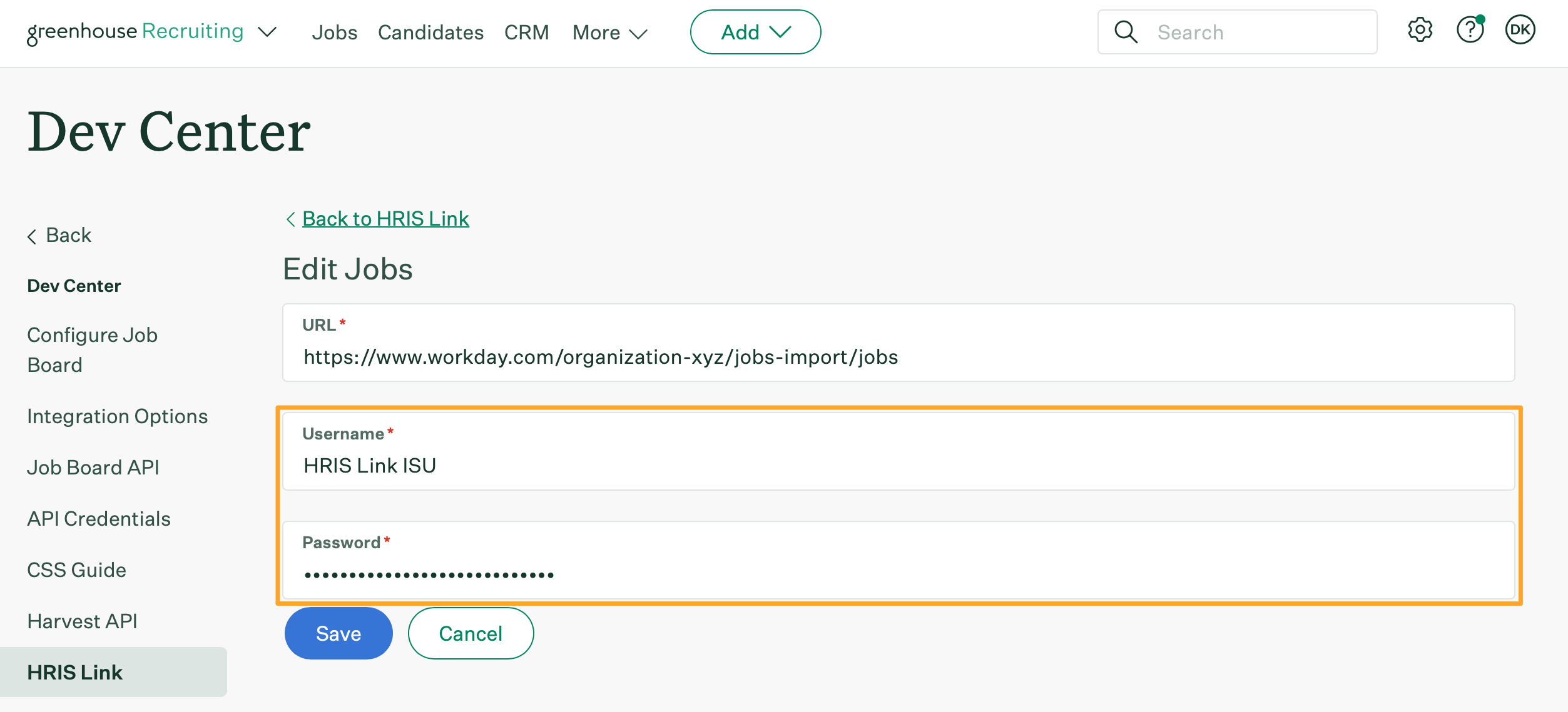 HRIS Link job import management page shows username and password fields highlighted in a marigold emphasis box with example HRIS Link ISU and example password entered