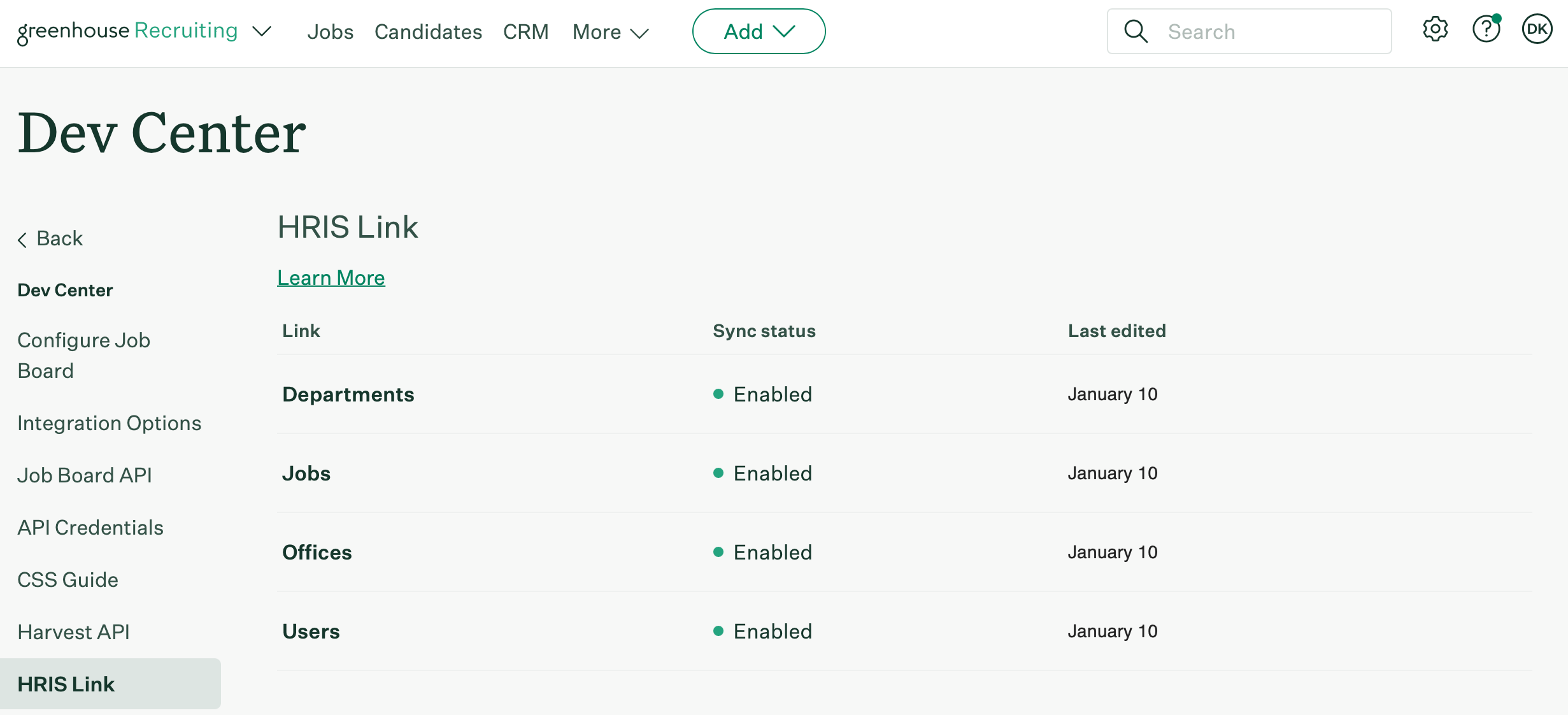 The HRIS Link management page shows Departments  Jobs  Offices  and Users enabled