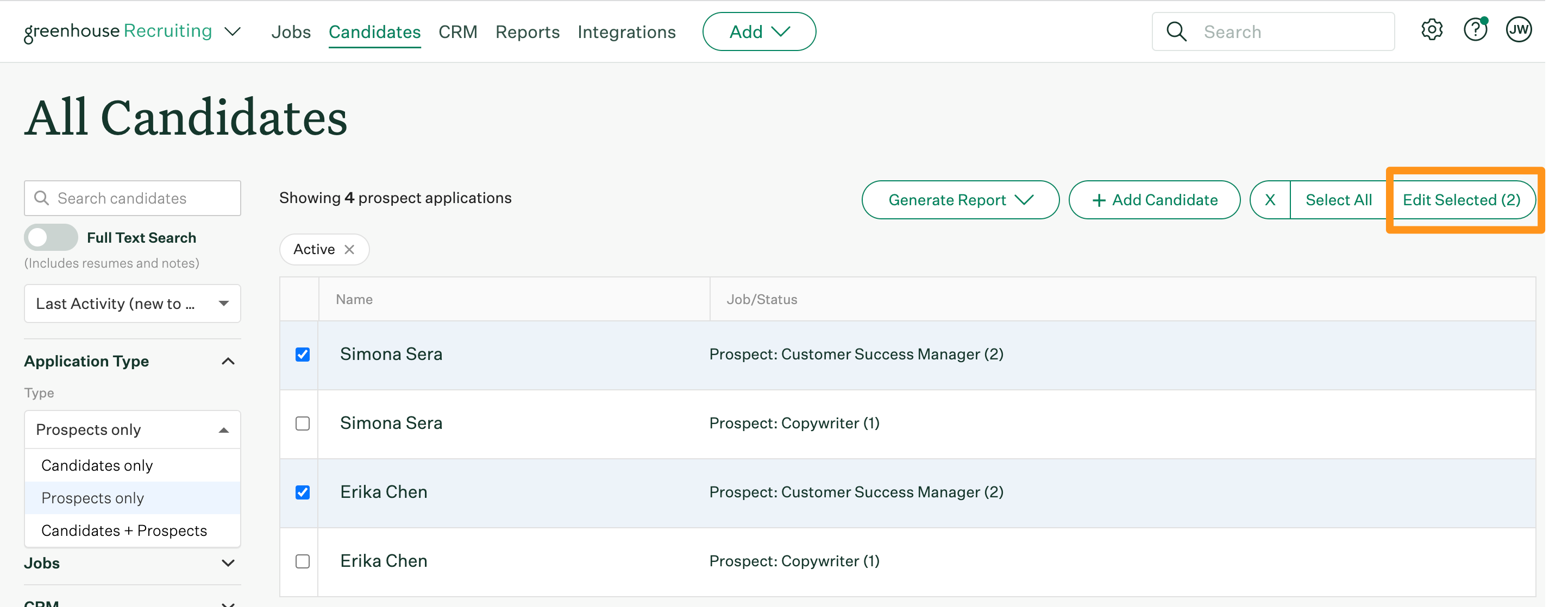 Candidate and prospect filters – Greenhouse Support