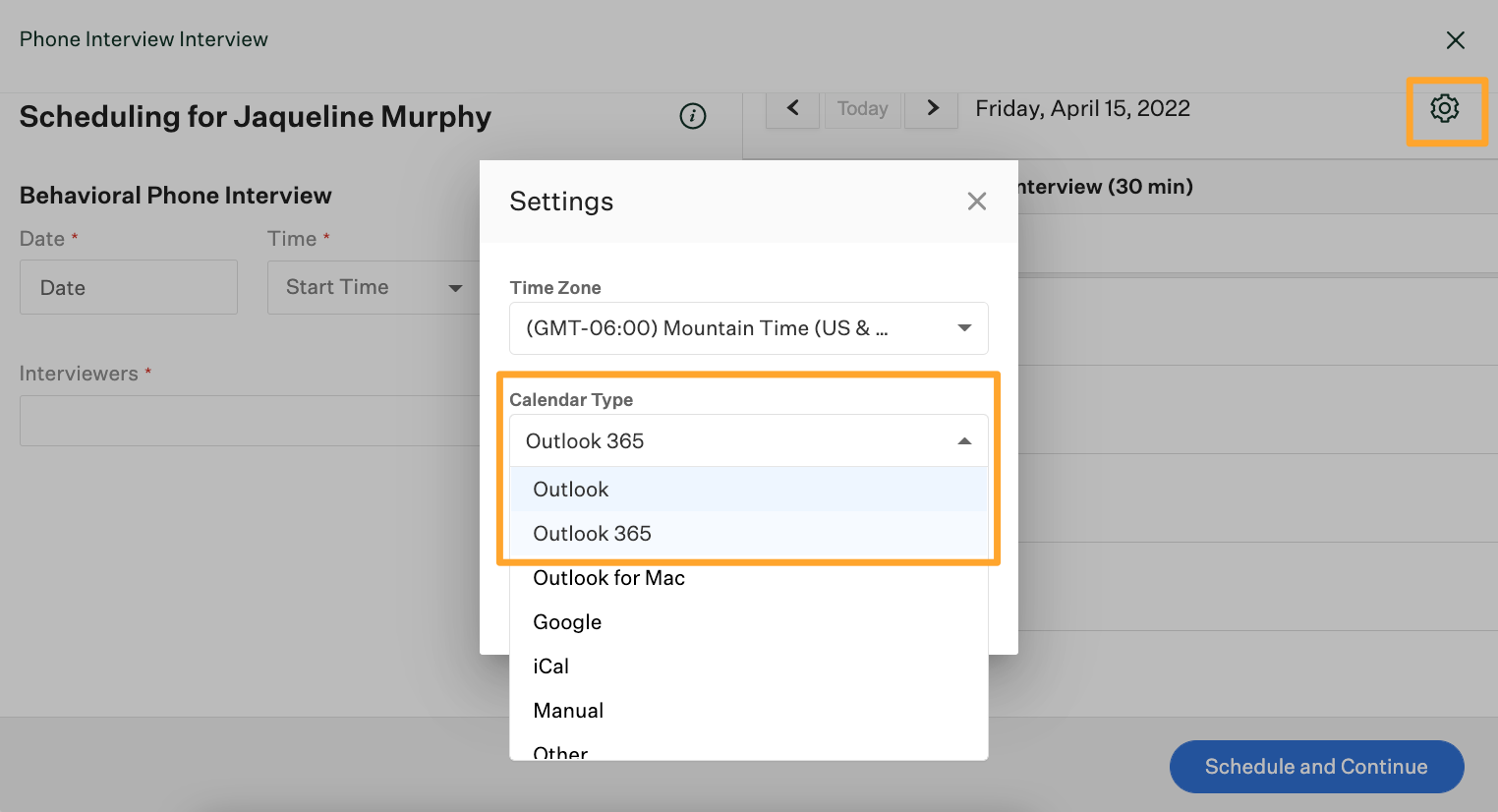 An example calendar settings is shown with a calendar selected for Outlook 365