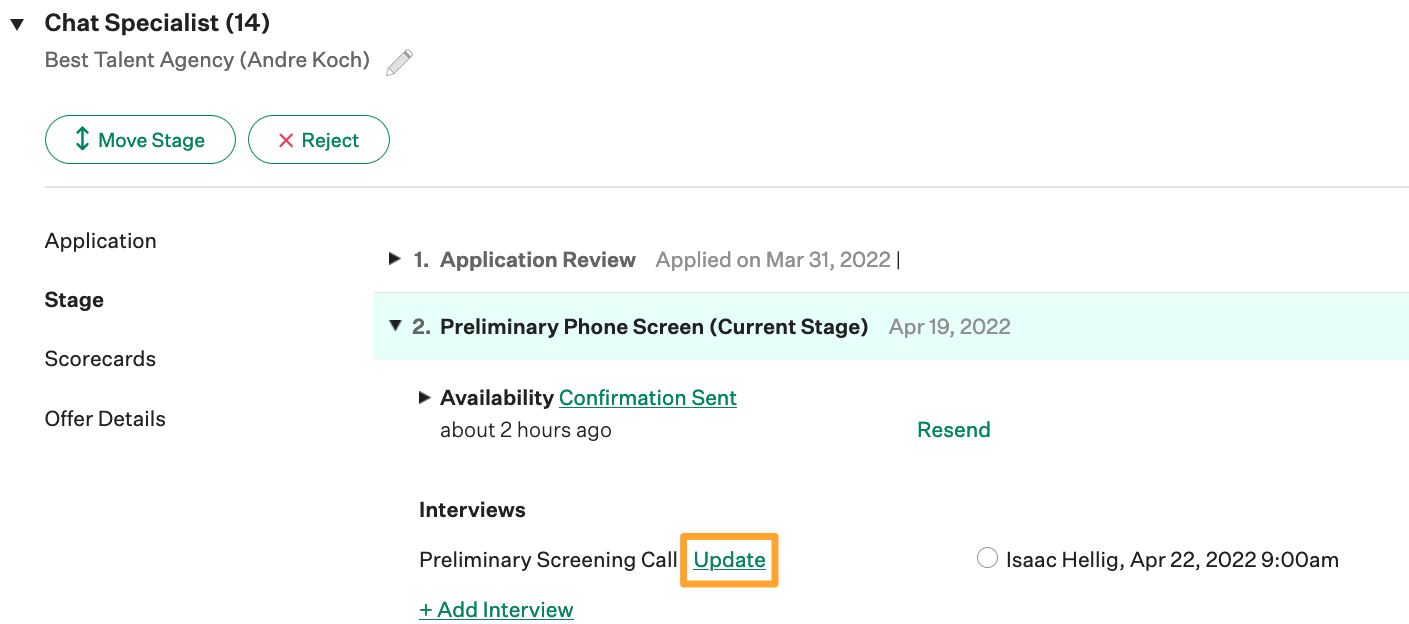The Update button is highlighted next to a scheduled interview on a candidate profile