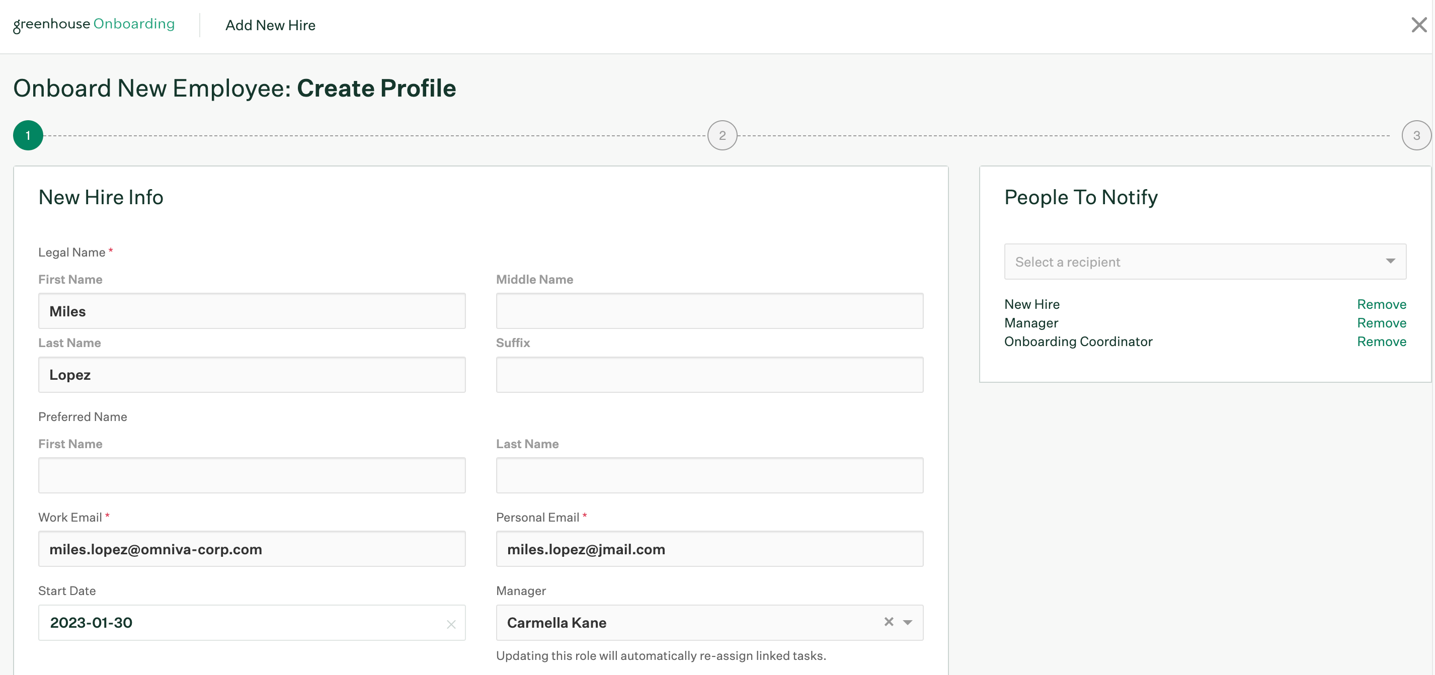 Screenshot of add new hire page