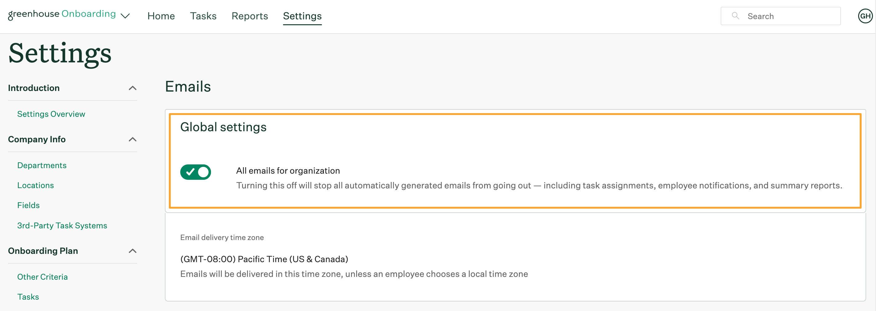 Screenshot of emails settings page with global settings section highlighted
