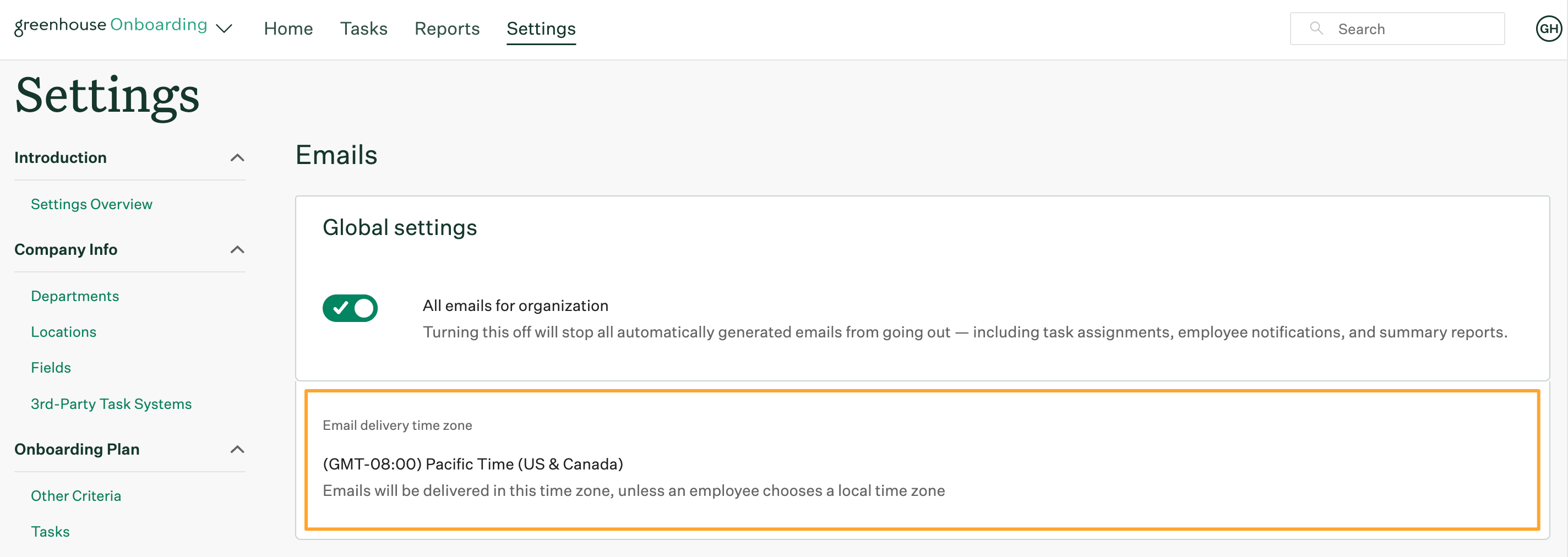 Screenshot of email settings page with email delivery time zone section highlighted