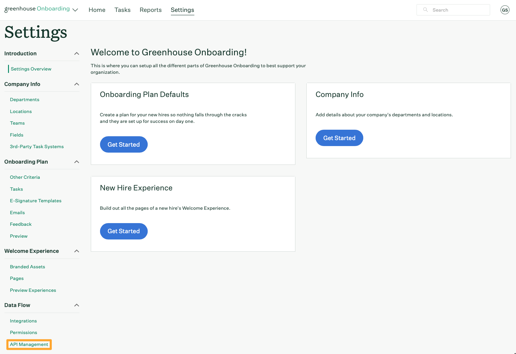 The Settings page shows API Management button highlighted in a marigold emphasis box