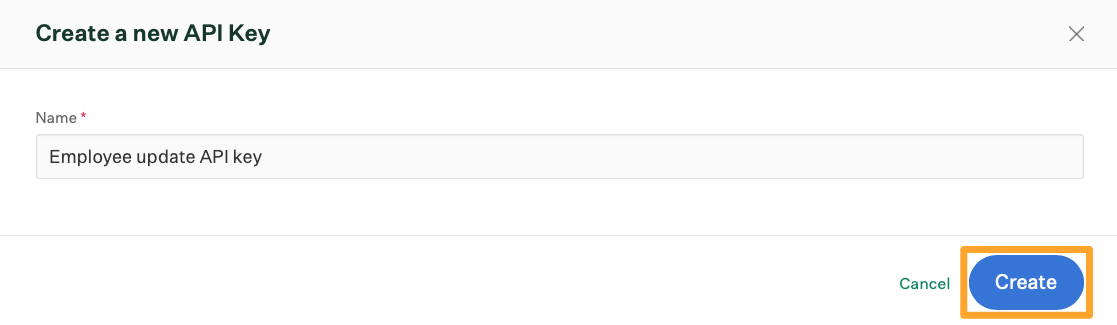 The create a new API key page shows an example name for a new Api key called Employee update API key and the Create button is highlighted in a marigold emphasis box