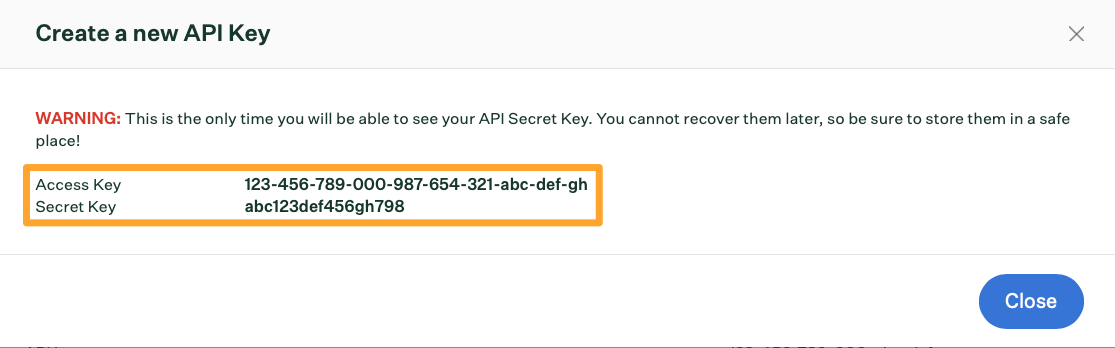 The create a new API key box shows an example generated API key highlighted in a marigold emphasis box