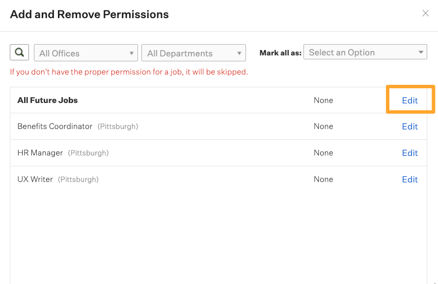 An example user is shown with All Future Jobs permission selected on Job Admin