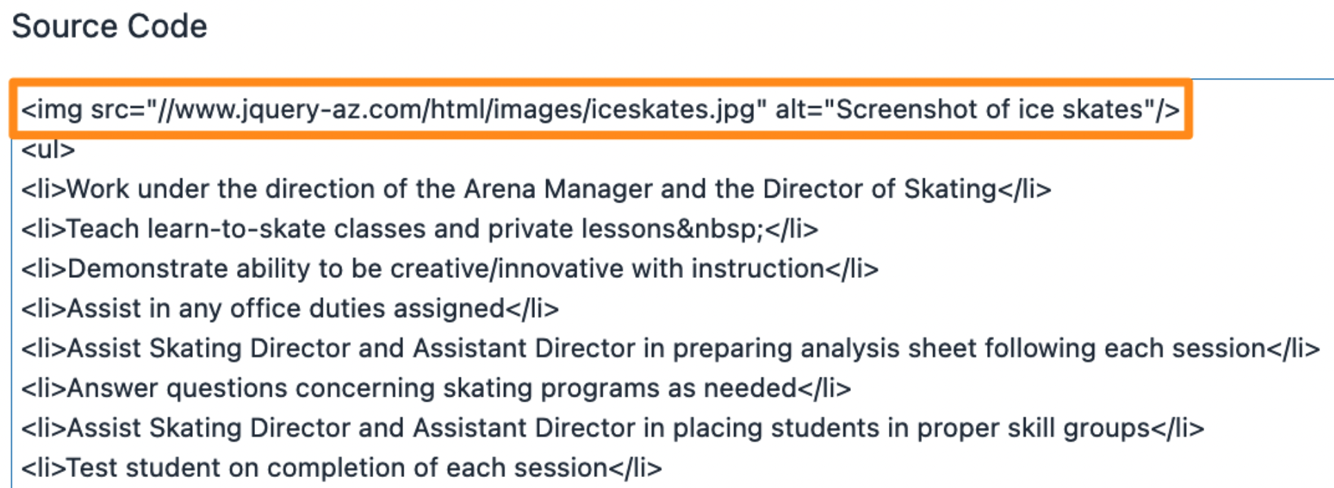 Screenshot of the image source code in the job post source code window