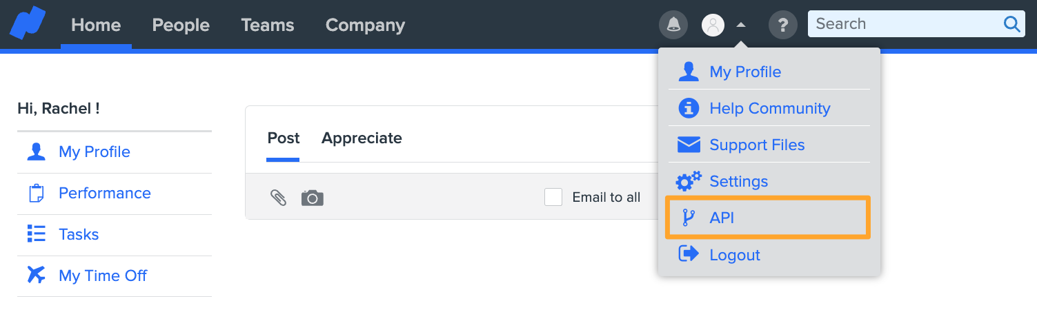 The Namely platform shows API settings button highlighted in a marigold emphasis box 