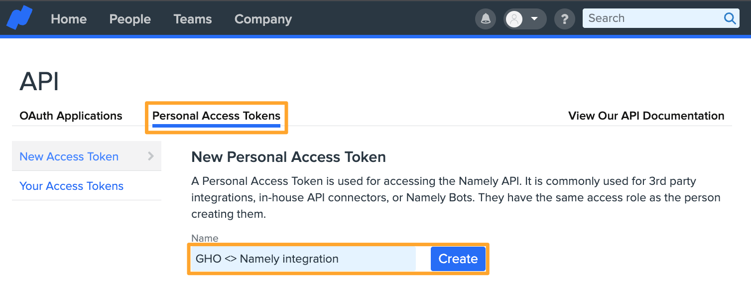Namely API settings page shows Personal Access Token tab and Create New Personal Access Token highlighted in marigold emphasis boxes