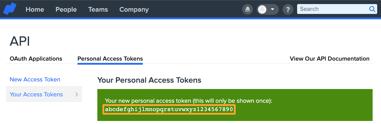 Namely API page shows an example generated Personal Access Token named abcdefghijklmnopqrstuvwxyz1234657980