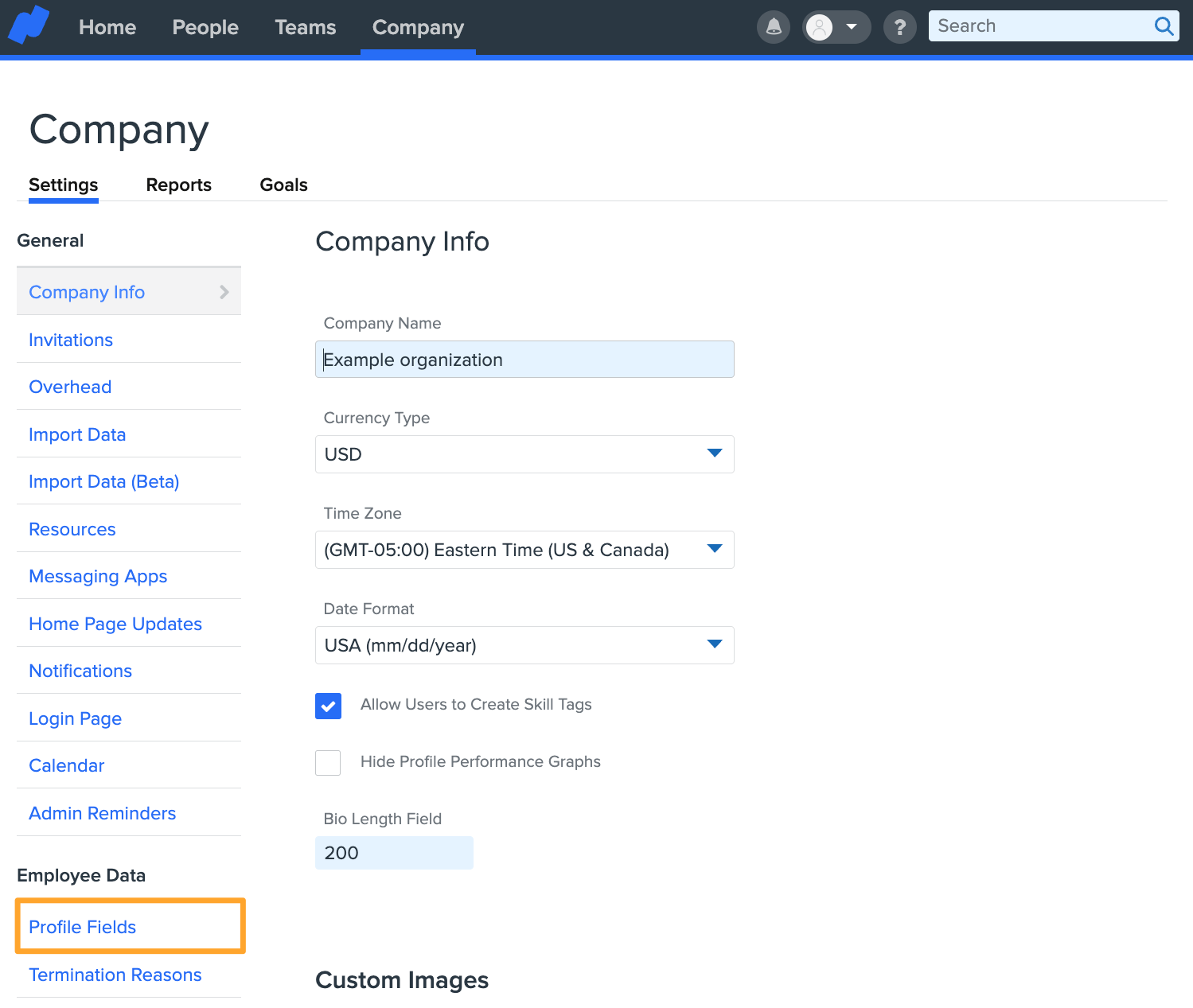 Namely company settings shows Profile fields button highlighted in a marigold emphasis box 