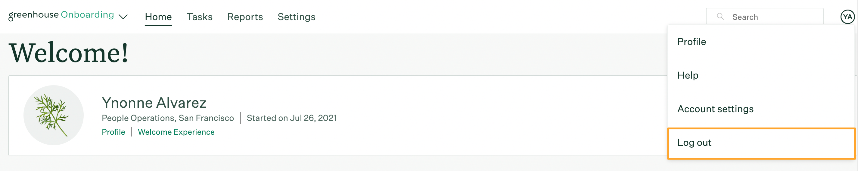 Greenhouse Onboarding home page with log out button highlighted