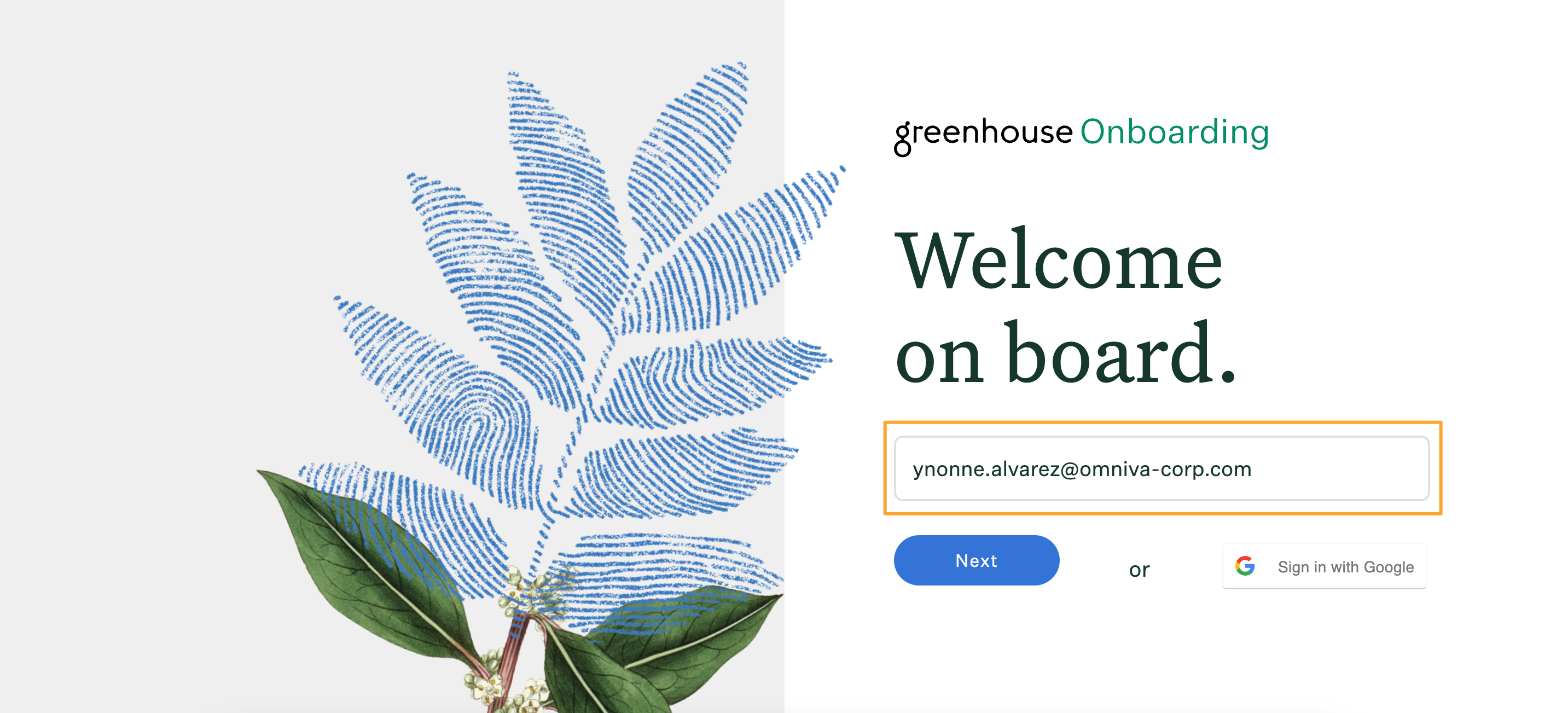 Greenhouse Onboarding login page with email field filled out and highlighted