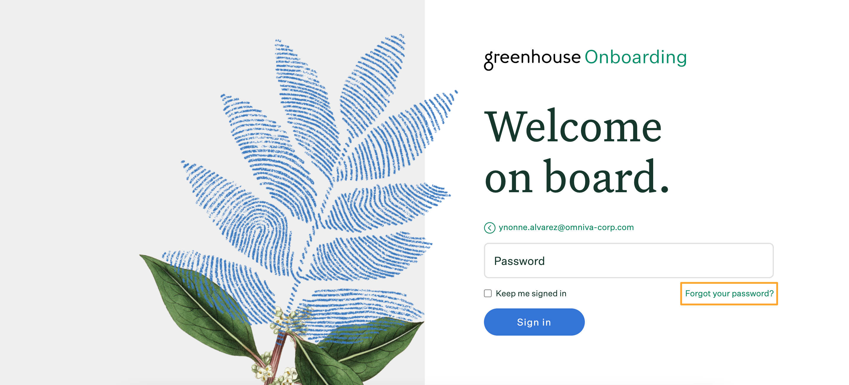 Greenhouse Onboarding login page with forgot your password button highlighted