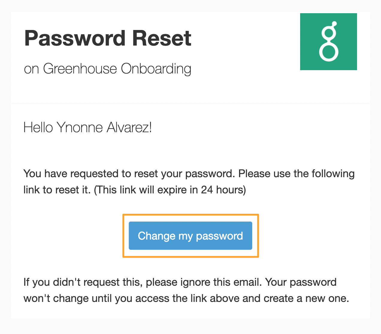 Password reset email from Greenhouse Onboarding with change your password button highlighted