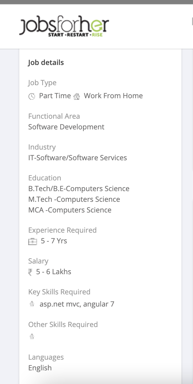 An example JobsForHer job post shows the custom job fields required for the integration, such as functional area labeled software development