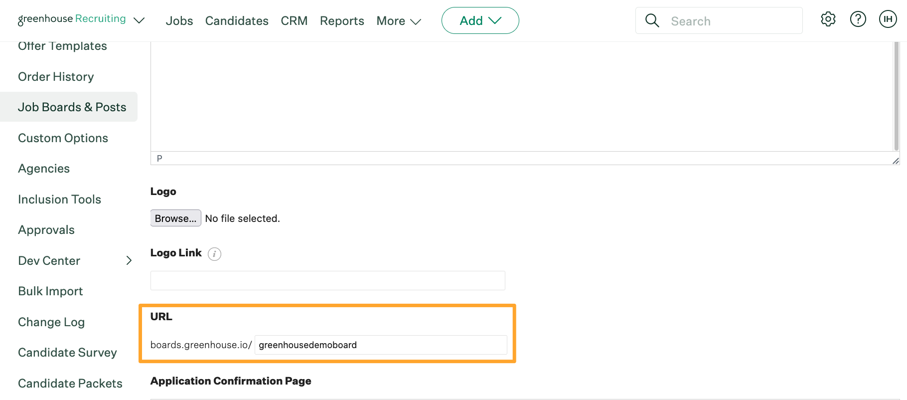 The URL field is highlighted in a marigold emphasis box at the bottom of the page, with an example job board URL shown called greenhousedemoboard