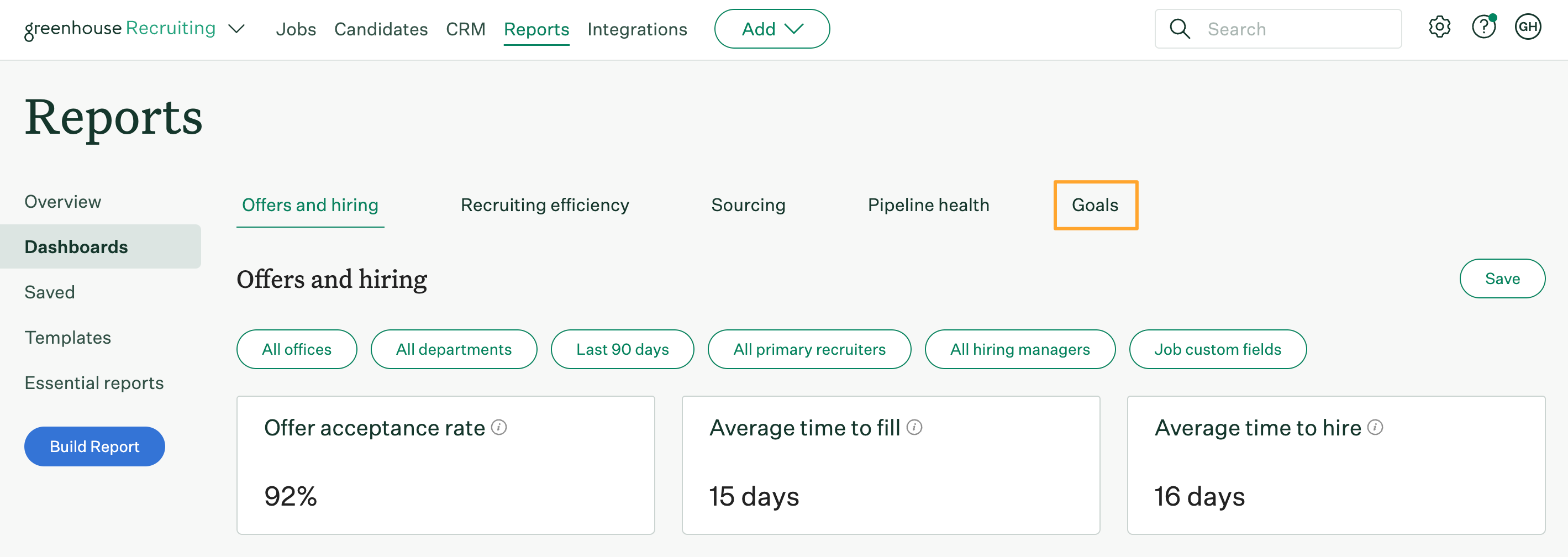 Goals report dashboard Greenhouse Support