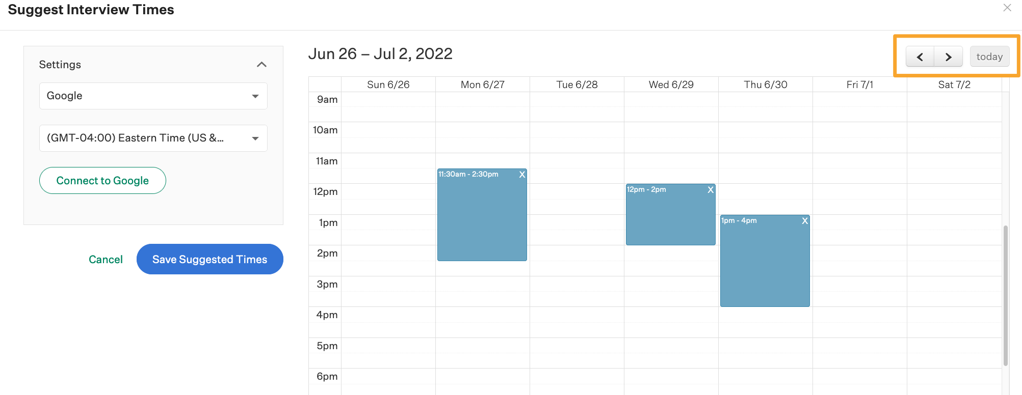 The interview suggestion times calendar shows the forward and backward arrows at the top-right of the calendar