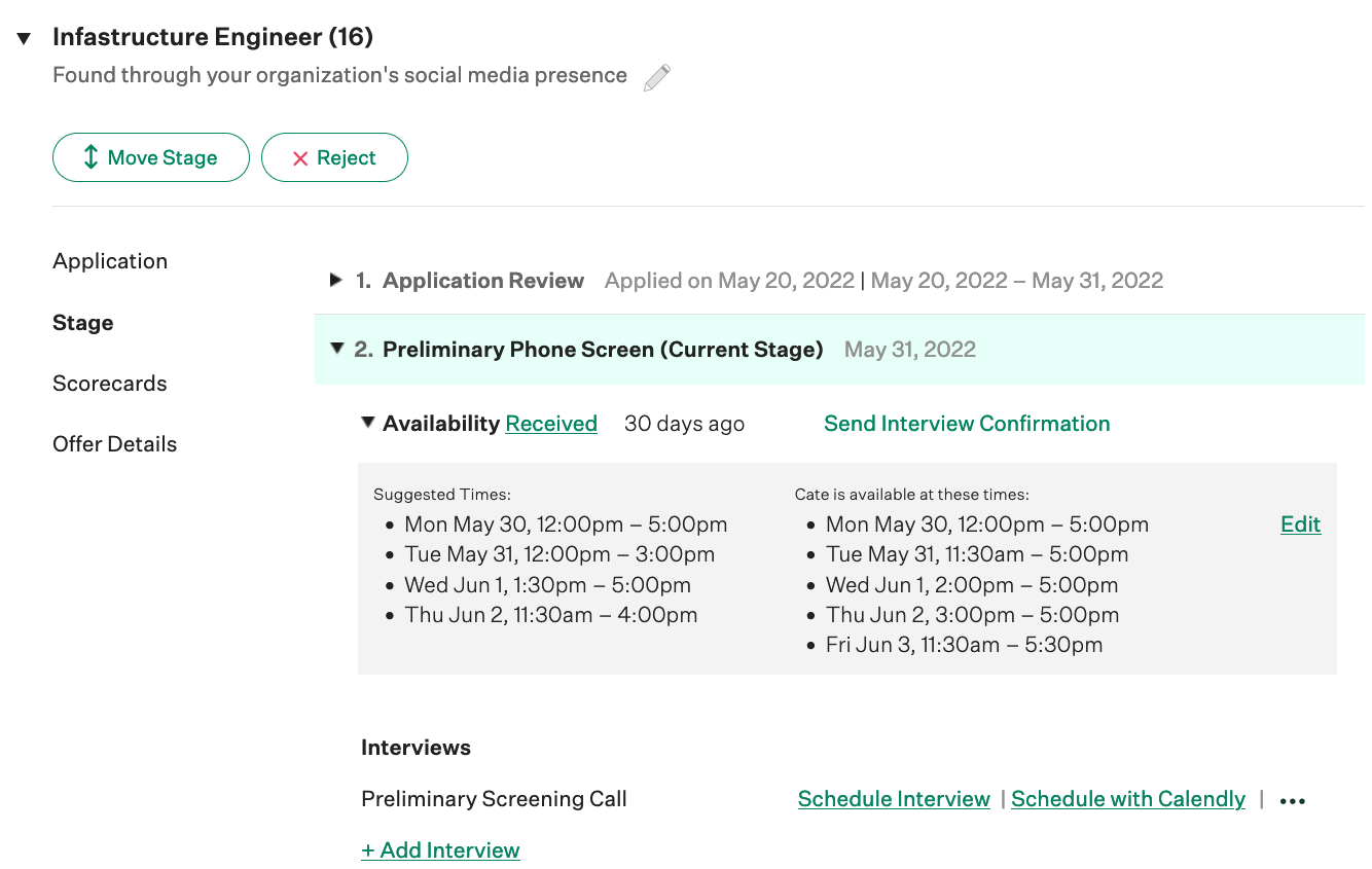 An example interview scheduling is shown with the interviewer and candidate suggested times shown