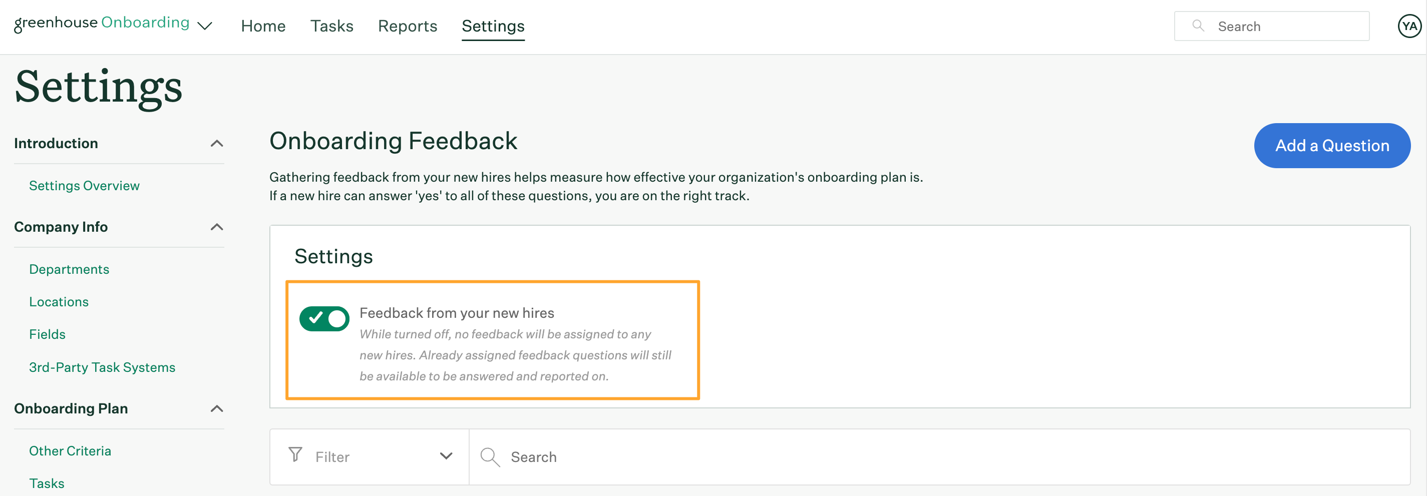 Button toggle to turn on feedback feature highlighted in settings