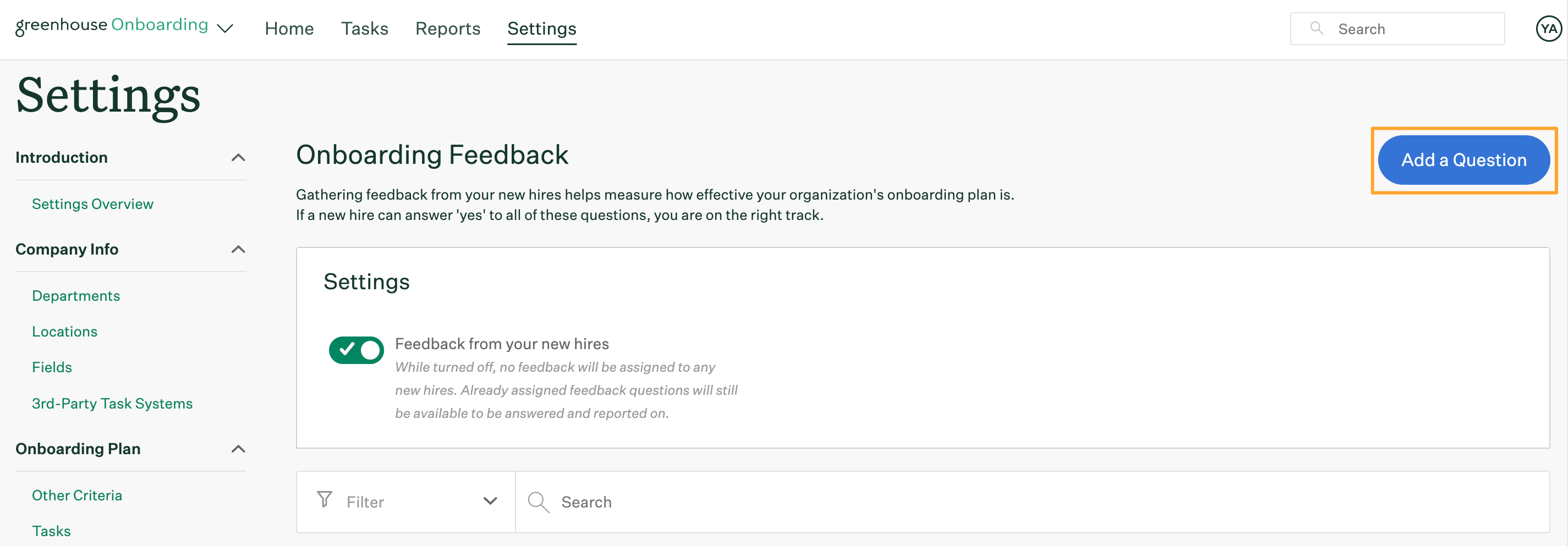 Add a question button highlighted on the feedback settings page