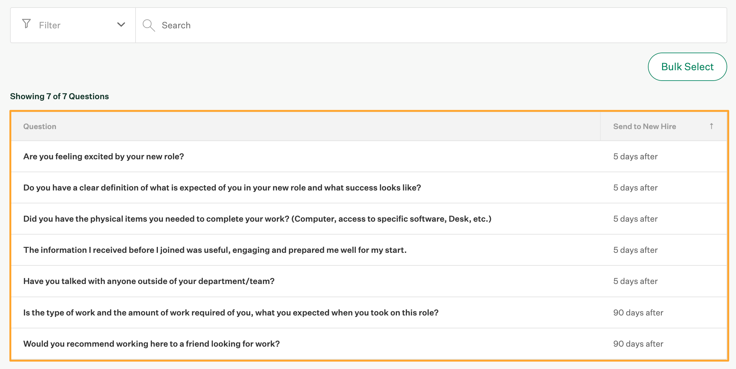 Default feedback questions highlighted on the feedback settings page