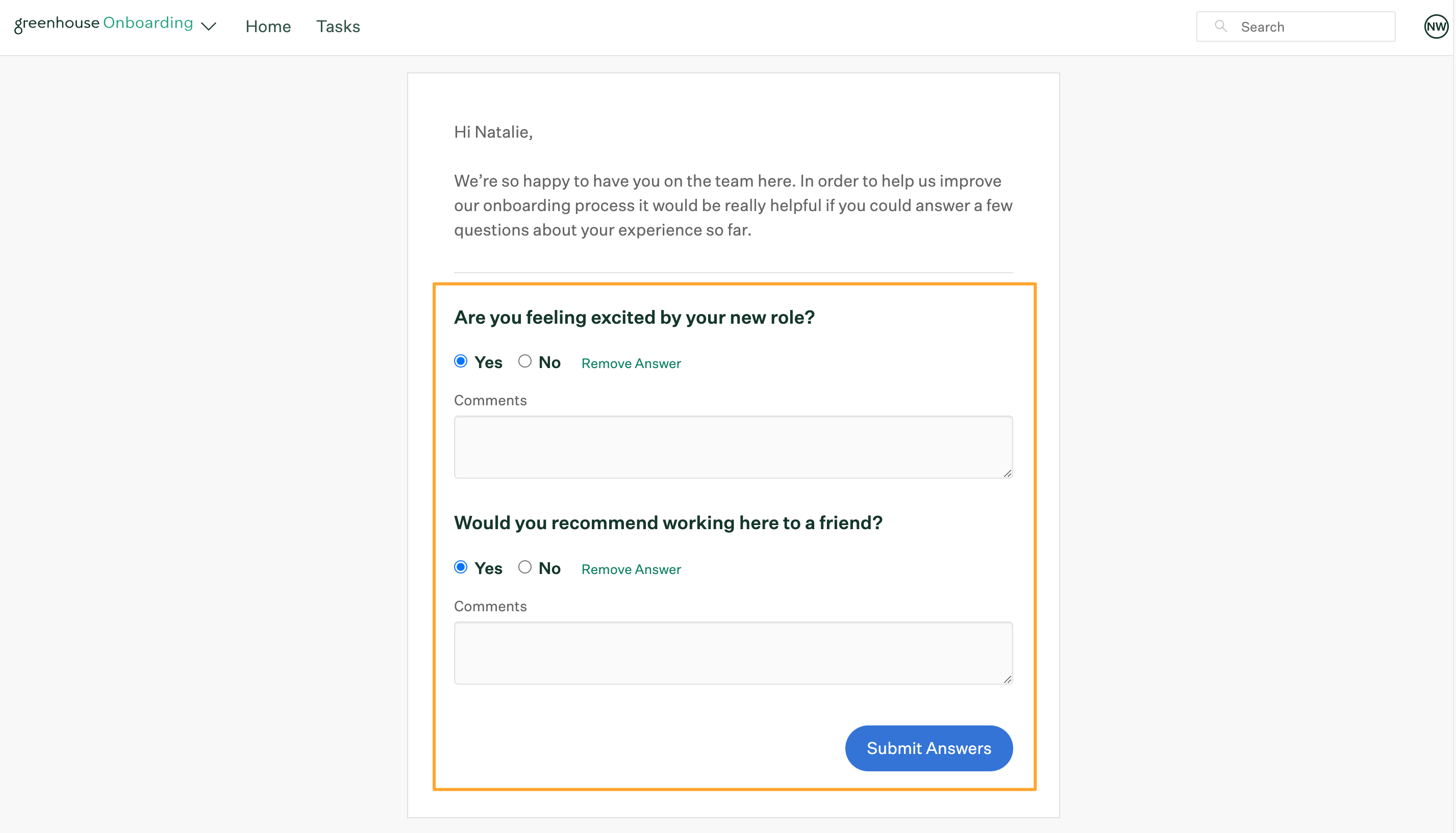 Feedback response page from new hire perspective with feedback fields highlighted