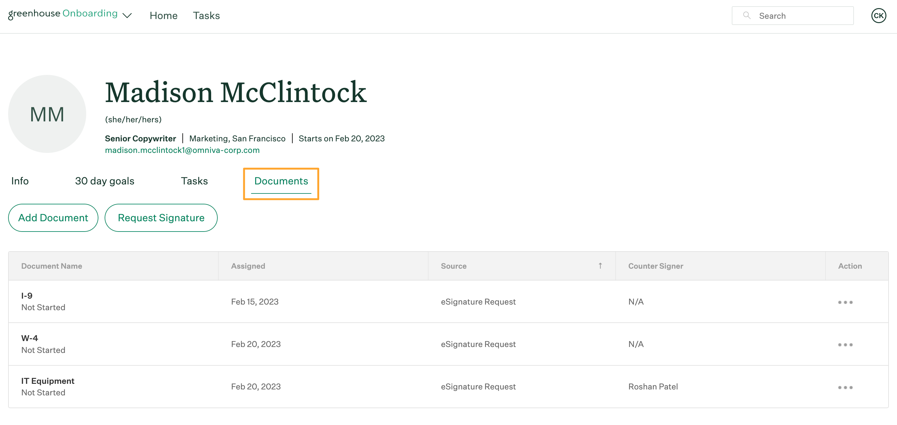 Manager view of employee profile with documents tab highlighted