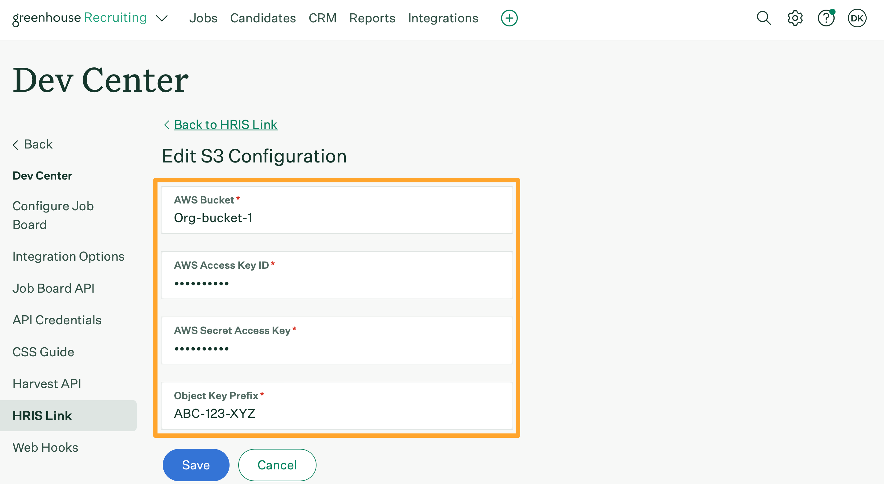 HRIS Link for hired candidates show S3 configuration settings highlighted in a marigold emphasis box