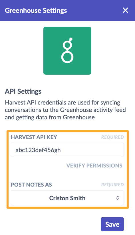 Grayscale chrome extension shows an example Harvest API key and a user selected for post notes