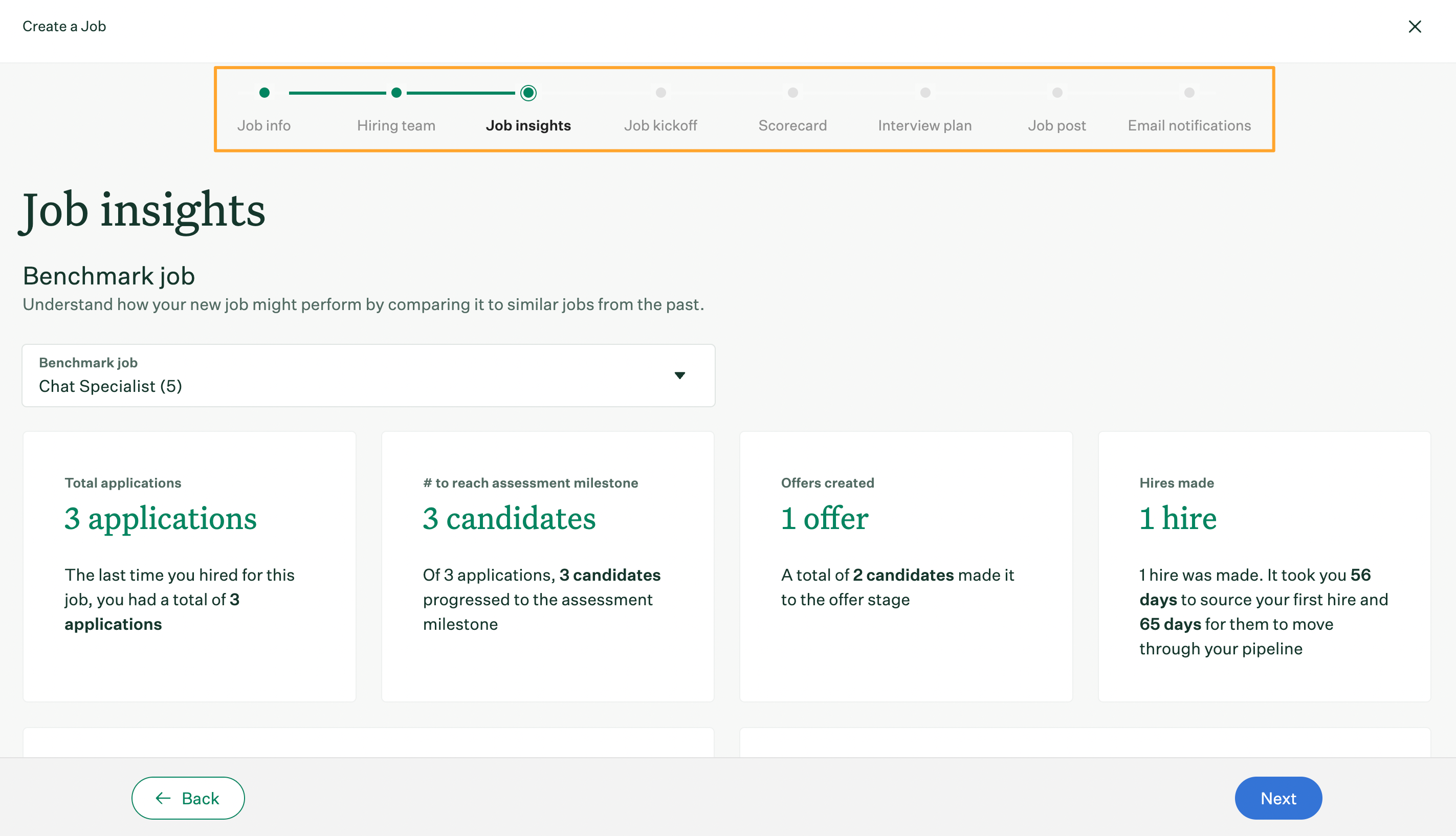 Job insights page from the new job setup flow with job creation steps highlighted