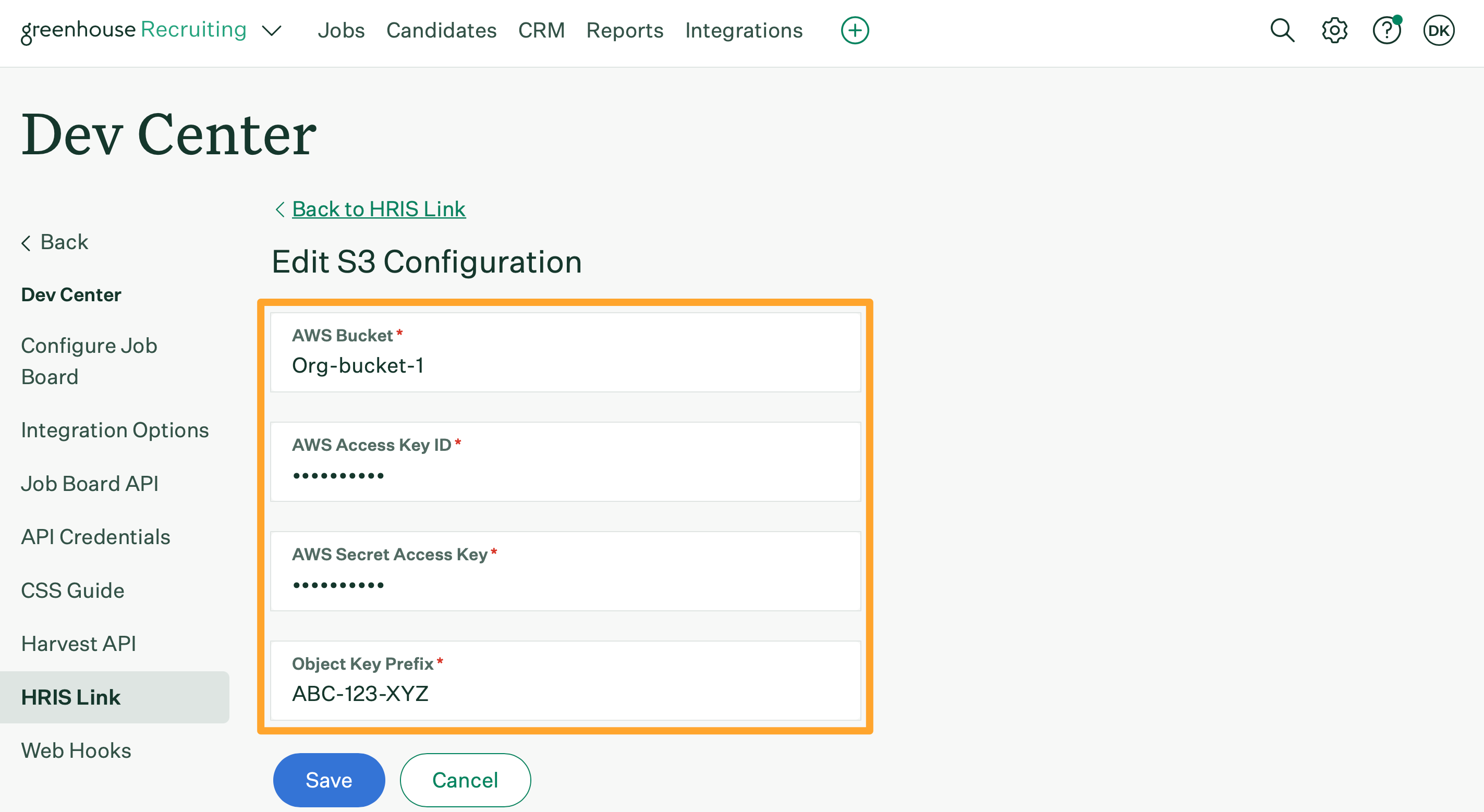 HRIS Link for hired candidates shows S3 configuration settings highlighted in a marigold emphasis box