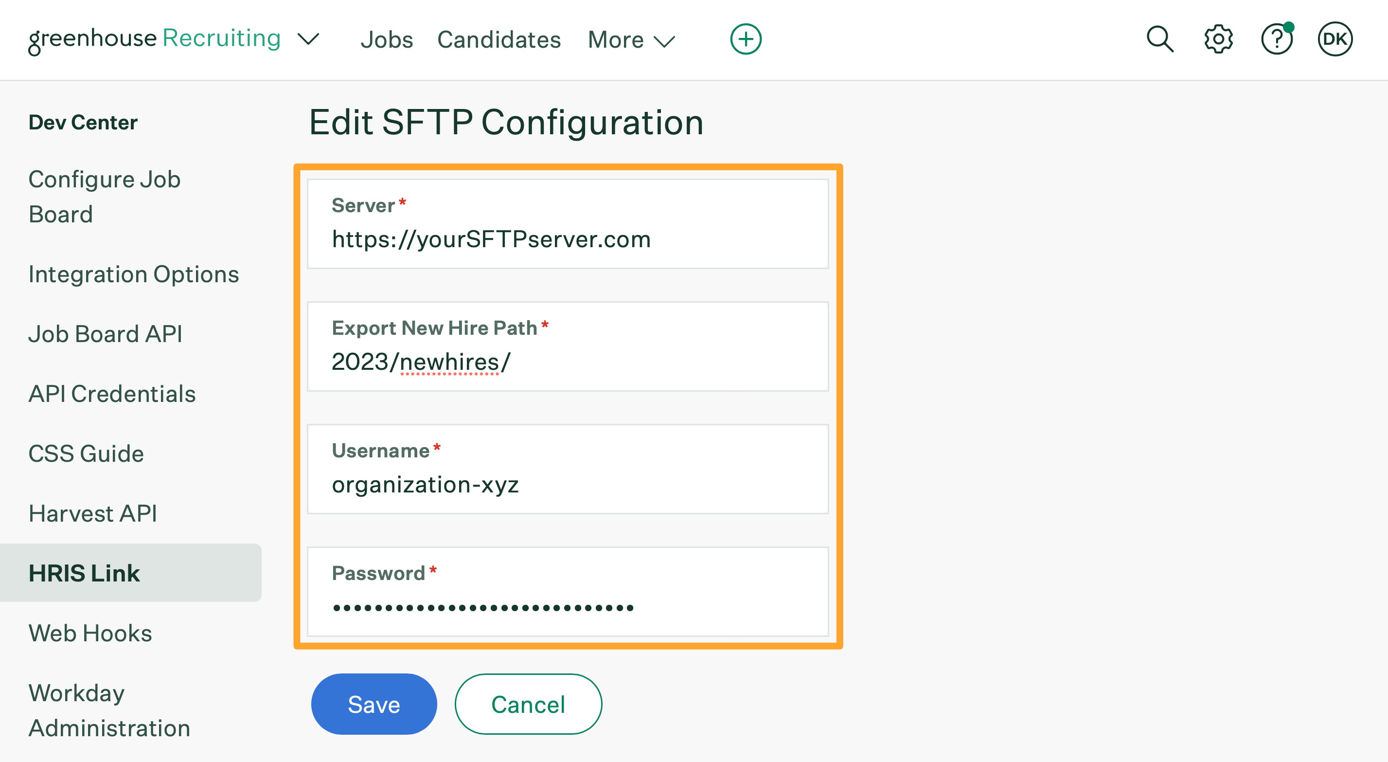 HRIS Link for hired candidates for SFTP shows an example server address, new hire export path, username, and password