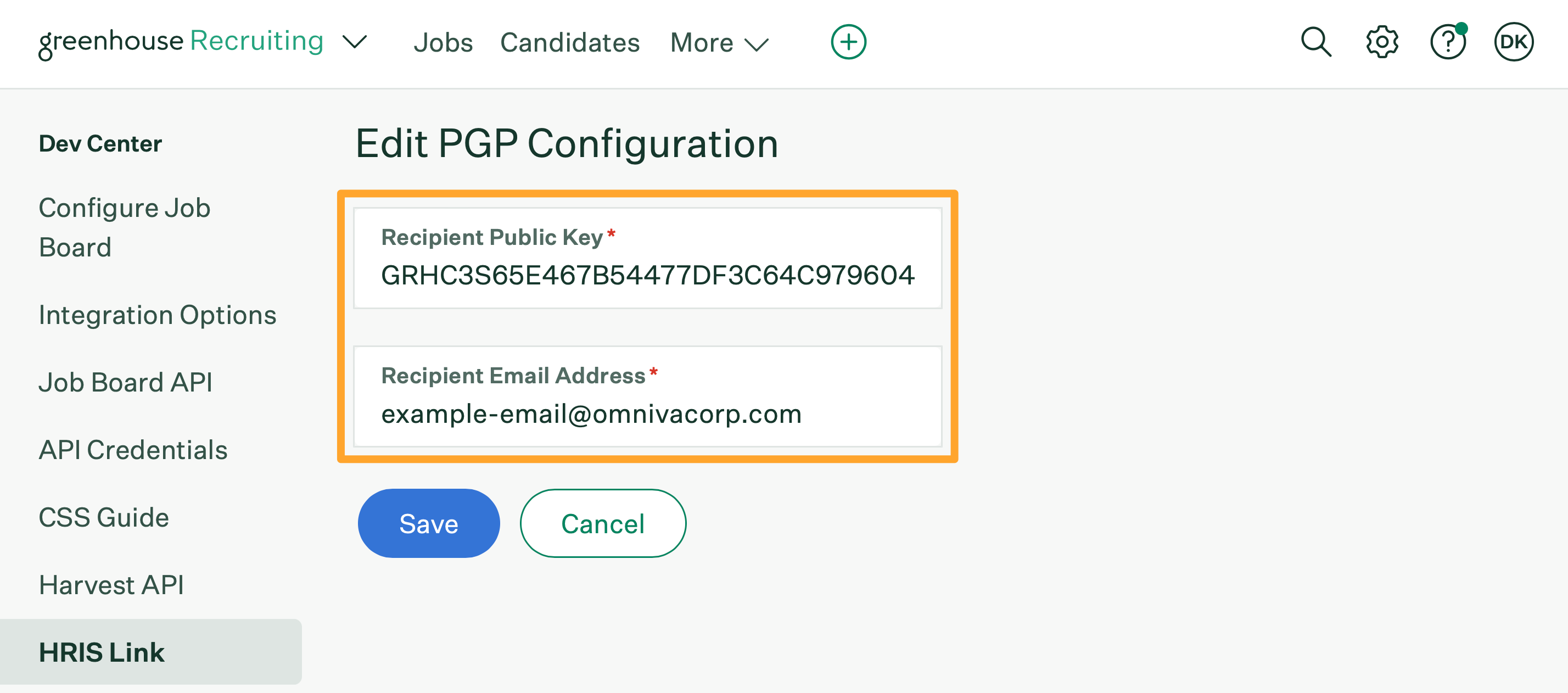 HRIS Link for hired candidates shows example PGP encryption settings