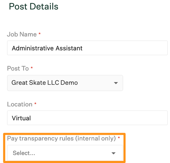 Screenshot of the pay transparency rules dropdown. 