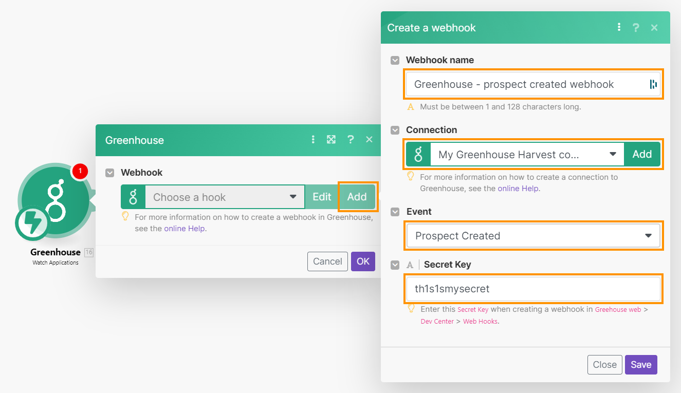 Make integration platform shows an example web hook creation setup