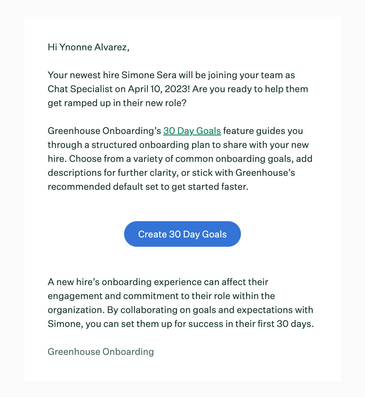 Create goals for new hires email notification example