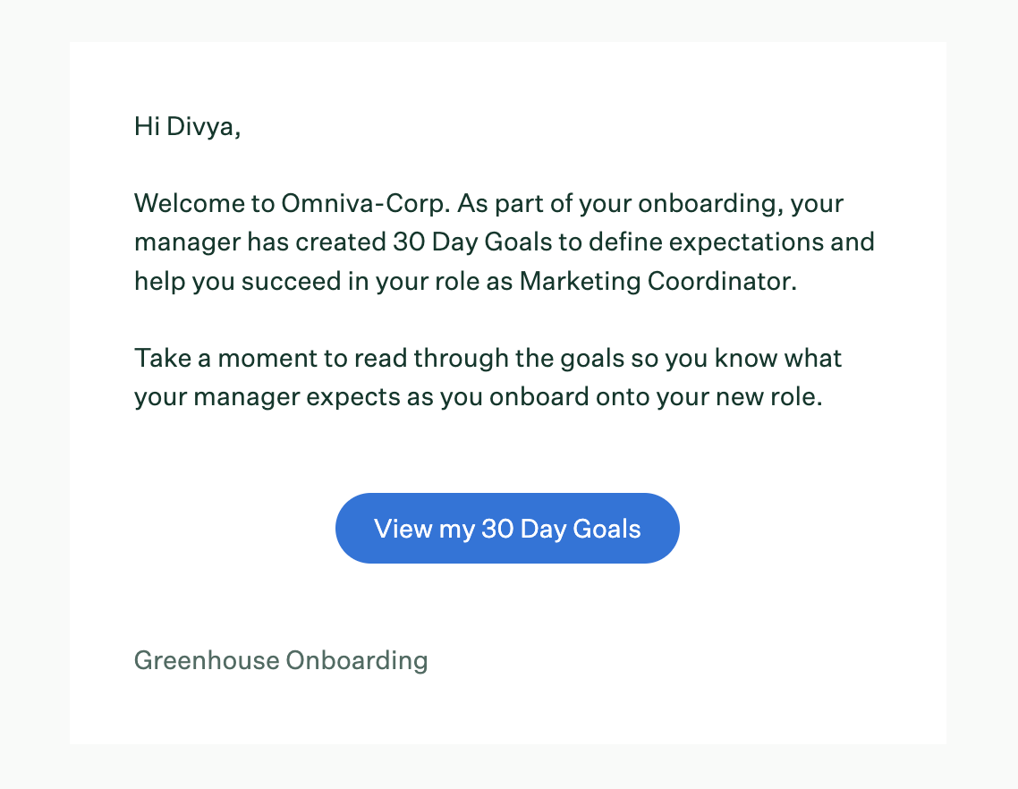 30 day goals shared with new hire email example