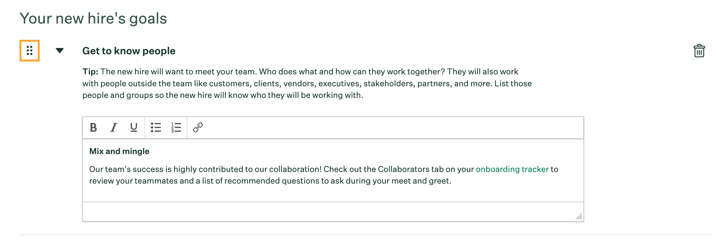 Edit new hire goals with drag and drop icon highlighted