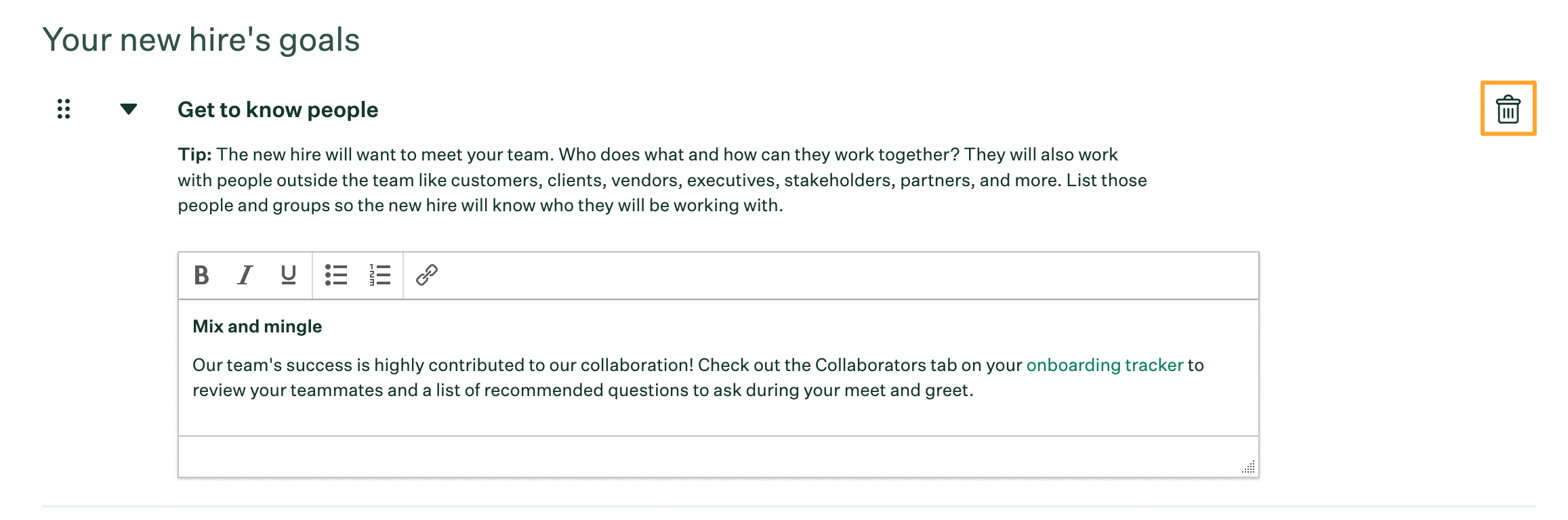 Edit new hire goals with delete button highlighted
