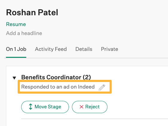 An example candidate named Roshan Patel is shown on Greenhouse Recruiting with the source shown as Responded to an ad on Indeed