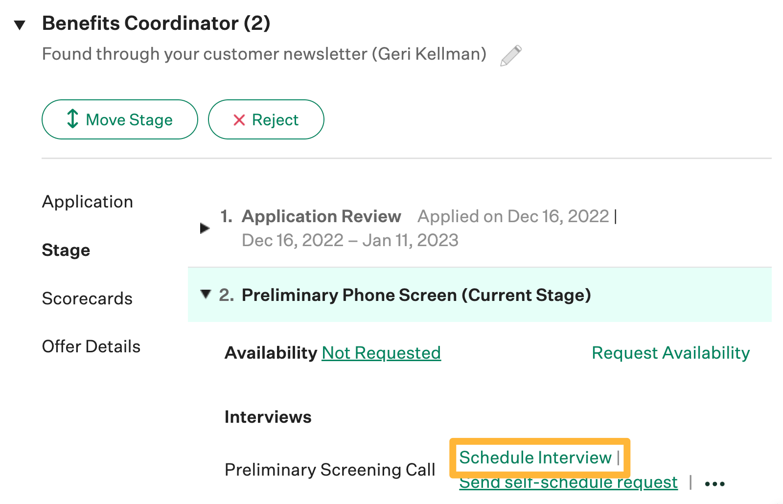 An example candidate profile is shown in Greenhouse Recruiting with the Schedule Interview button highlighted by the stage name