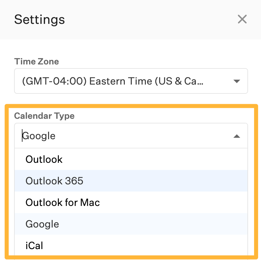 An example calendar settings page is shown with Google calendar shown in the dropdown