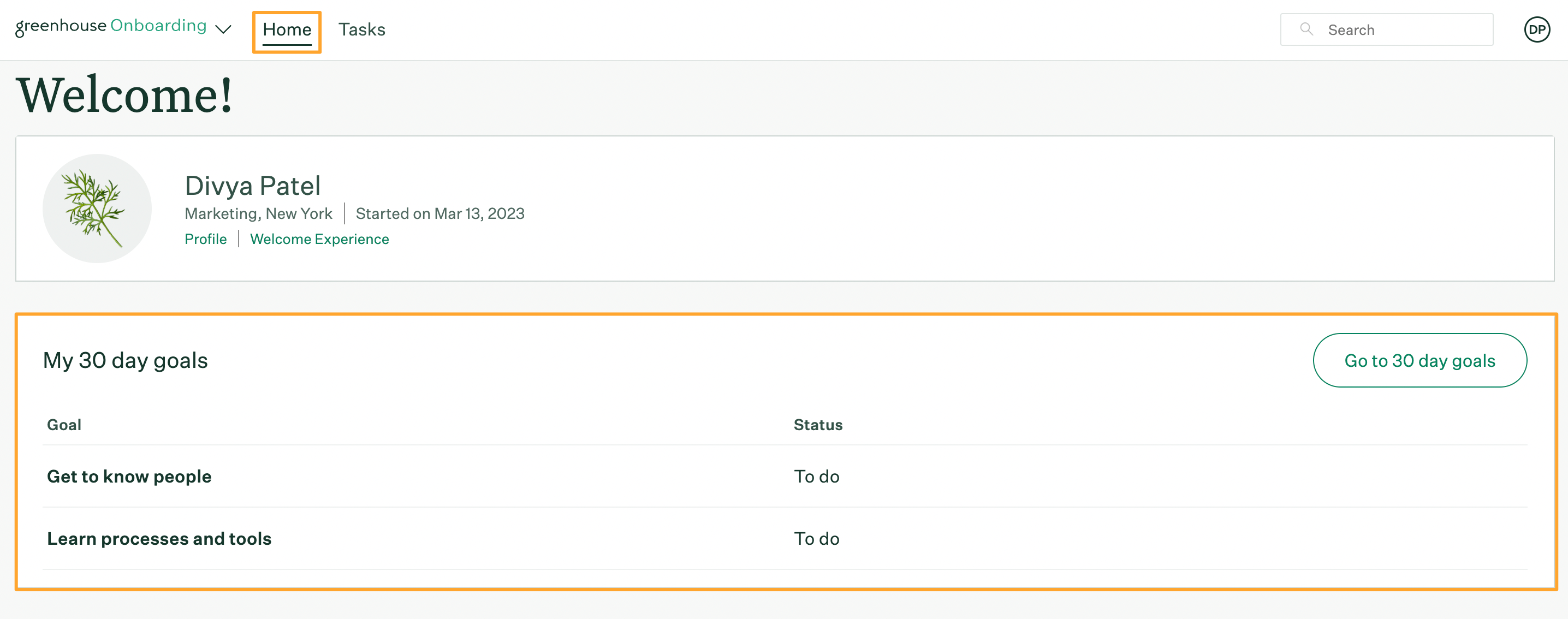 New hire view of Greenhouse Onboarding homepage with my 30 day goals widget highlighted